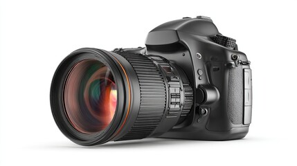 A sleek, black DSLR camera with a large, professional lens featuring subtle rainbow lens flare, isolated on a white background.  The camera body showcases 