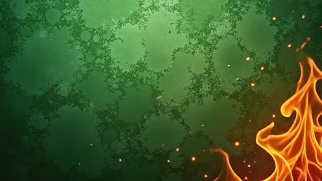 Explode orange flame texture bursts softly on a textured green background, the fiery patterns drifting gently while complementing the vivid green tones.