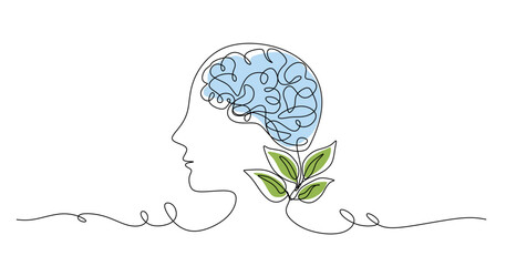 One continuous line drawing of human head with plant inside. Mental health and psychology vector concept. Creative ideas  grow up  positive thinking and self care. Growth mindset skills illustration