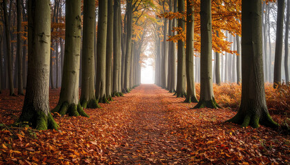 Autumn forest path covered with orange and red leaves, tall trees lining misty trail creating peaceful and serene atmosphere in early morning light