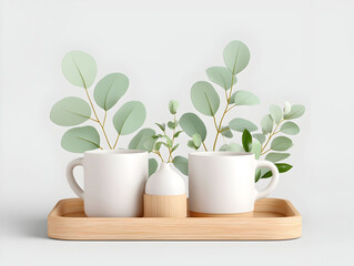 bouquet of green plants and branches with leaves in white mugs and glasses on white background isolated, for stylish kitchen interior design