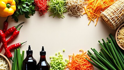 Asian ingredients arranged on a neutral background for culinary use