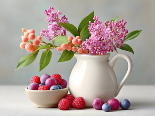 Lilac bouquet nestled in white ceramic jug, adorned with ripe raspberries, blueberries, and plums highlighting seasonal freshness and color
