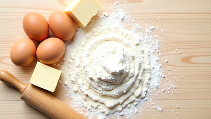 Baking ingredients arranged on wooden surface