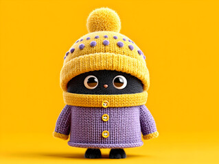 Close-up portrait of an cat wearing a funny handmade winter woolen hat and a warm sweater jacket, looking up with curiosity, funny animals