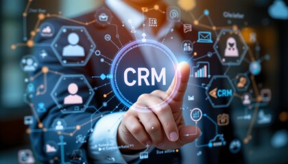 customer relationship management crm concept businessman touch crm icons on virtual screen. customer data and marketing database system businessman touching customer icon client.