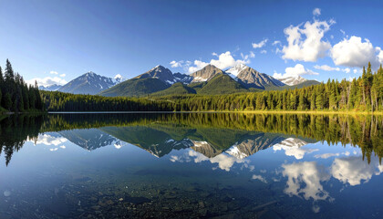 Panoramic view of calm lake reflecting forest and snow capped mountain range under blue sky with scattered clouds, creating peaceful and serene natural landscape