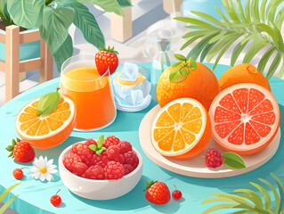 Refreshing orange juice glass surrounded by citrus fruits, raspberries, strawberries, sitting on turquoise surface with verdant greenery in background