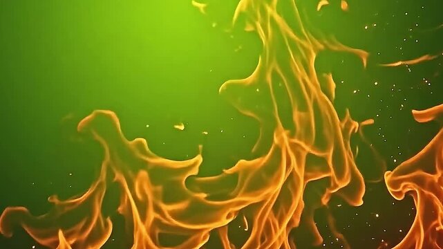 Explode orange flame texture cascades sharply across a smooth green background, the warm flame patterns swirling fluidly in harmony with the lush green hues.