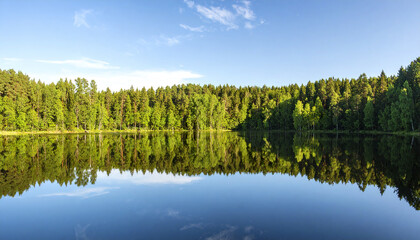 Peaceful lake embraced by green trees reflecting on wide calm water under blue sky with soft natural light creating serene and tranquil atmosphere in nature