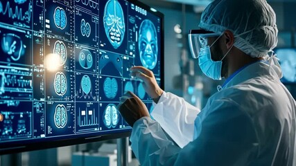 A male scientist in a lab coat and protective gear analyzes brain scans on a digital screen. The environment is high-tech and focused on medical research. Generative 4k video - Powered by Adobe
