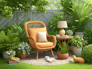 Ginger tabby relaxing on rattan armchair amid potted greenery, side table with books and lamp, embodying serene garden leisure moment