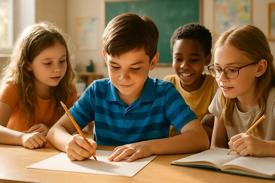 Focused children learning and collaborating in a classroom, drawing and creating with pencils, group of friends engaged in creative activity, kids school background