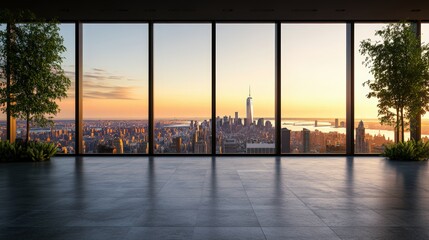 Stunning cityscape view from a modern skyscraper office at sunset with large and indoor plants
