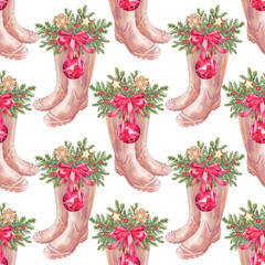 Watercolor seamless pattern with Christmas tree branch with ball toy and gingerbread snowflake and star and berry with red bow in rubber boots on white background. New Year wallpaper or wrapping