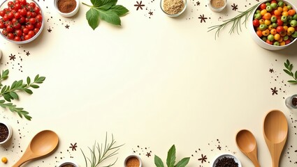 Cooking ingredients and spices arranged on a neutral background