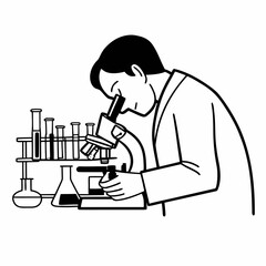 Naklejka premium Line drawing of a scientist looking through a microscope, laboratory equipment and beakers in background