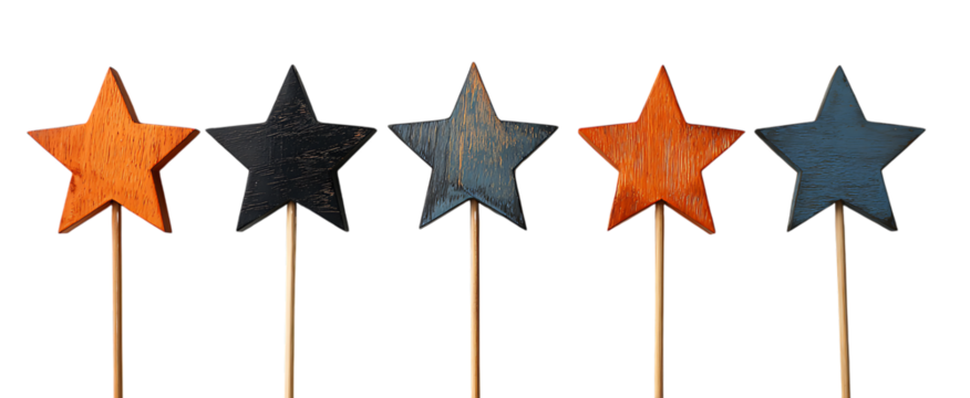 A row of wooden stars in blue, orange, and dark gray colors. They have been hung up by their tops at equal distances apart using long, thin bamboo sticks as stands.