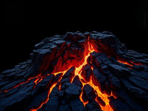 Hyperrealistic volcanic rock background with glowing cracks, dark, jagged basaltic rock, bright orange and red molten lava seeping through narrow fissures, heat haze distortion