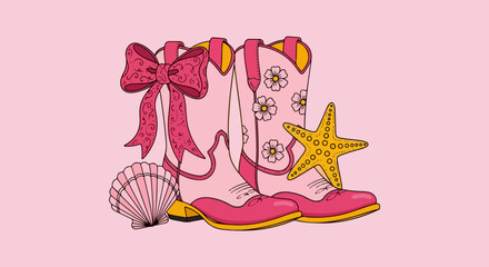 Cartoon Pink Cowboy Boots with Bow, Flowers, Seashell, and Starfish on Peach Background