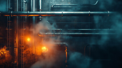 A dark, moody, industrial scene with pipes, steam, and glowing orange lights. This is perfect for steampunk, factory, or dystopian concepts