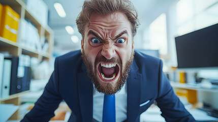 Angry businessman yelling in office, surrounded by paperwork and computer screens