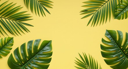 Obraz premium Tropical leaves arranged on a yellow backdrop