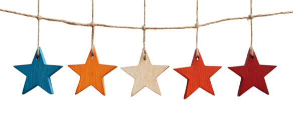 A row of five wooden stars in different colors. All hanging from the same long rope, with a simple and minimal design.