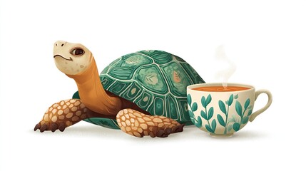 Naklejka premium Gentle turtle relaxes near warm tea, inviting companionship and peaceful vibes
