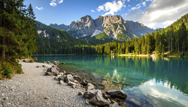 Alpine lake with clear teal water surrounded by dense forest and rocky shoreline under bright sky with mountain peaks reflecting in calm water, creating peaceful natural scene - Powered by Adobe