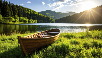 Wooden boat on grassy shore of scenic lake with sunlight shining over distant forested hills and clear blue sky creating peaceful natural landscape view