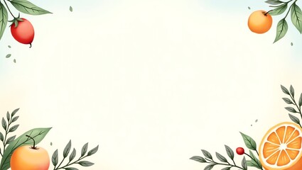 Fruit border with leaves and citrus on a light background