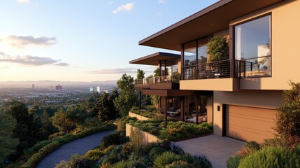 Fototapeta premium Modern luxury house with spacious balcony and large overlooking scenic landscape at sunset