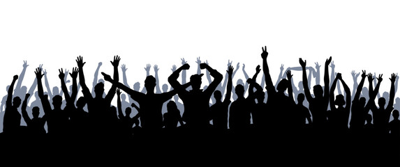 Group of cheering crowd silhouettes with raised hands in a flat graphic style, shown on a white background. Concept of celebration, unity, excitement. Vector illustration