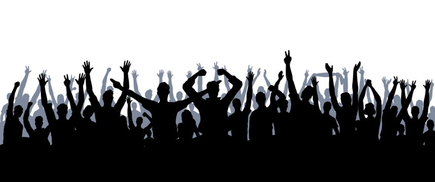 Group of cheering crowd silhouettes with raised hands in a flat graphic style, shown on a white background. Concept of celebration, unity, excitement. Vector illustration