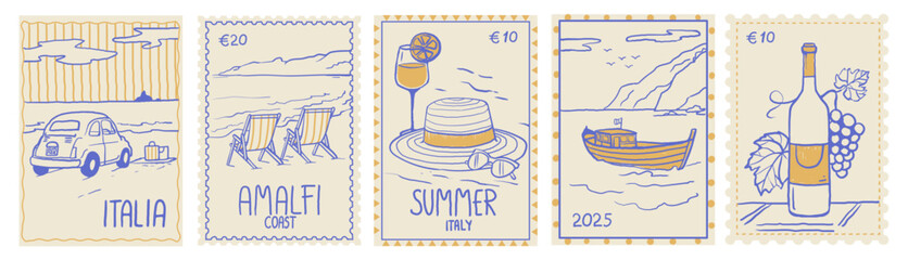 Set of five stylized Italian summer-themed postage stamps featuring beach scenes, wine, and travel icons in flat line art on beige background. Concept of vacation nostalgia. Vector illustration