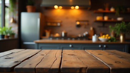 Kitchen interior with wooden table and blurred background