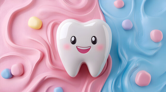 Cartoon tooth character smiling on colorful pastel background with playful candies