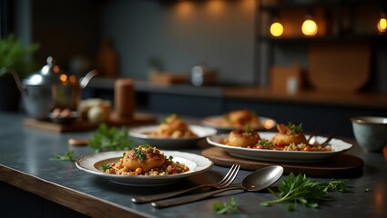 Seafood dish with couscous and herbs on a table