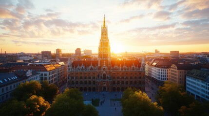 Fototapeta premium Stunning aerial view of historic Gothic city hall illuminated by sunset with surrounding modern buildings