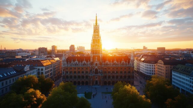 Stunning aerial view of historic Gothic city hall illuminated by sunset with surrounding modern buildings