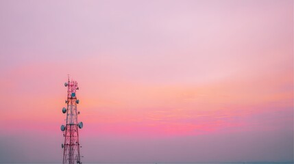 Obraz premium Telecommunication Mast at Sunset, Urban Landscape, Photography, Atmospheric Viewpoint, Minimalist Concept