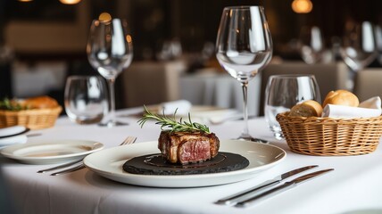 Steak dinner presentation on a white tablecloth in restaurant