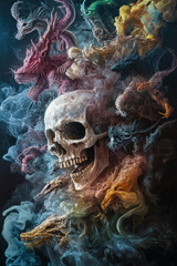 A dynamic plume of multi-colored smoke transforms into the form of a majestic dragon, with visible posture and skeletal structure, rendered in the expressive, textured style of an oil painting.