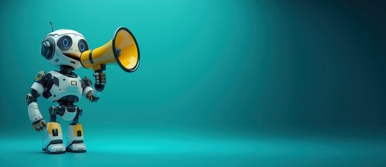 A futuristic cute robot holding a bright yellow megaphone against a teal background, ultra-photorealistic 3D rendering with cinematic lighting, high detail design, and volumetric illumination for tech