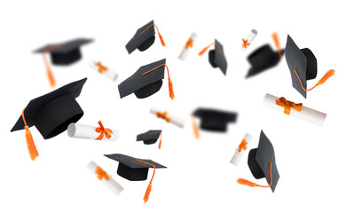 flying graduation caps and scrolls on transparent background png