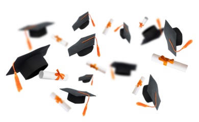 flying graduation caps and scrolls on transparent background png