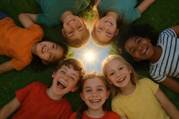 Obraz premium Group of joyful kids laying on the grass, smiling and laughing in the summer sun, colorful clothing, happiness and friendship in nature, kids outdoor fun, kids summer background