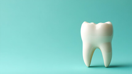 Glossy white tooth model on a teal background, symbolizing dental health and care
