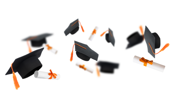 flying graduation caps and scrolls on transparent background png